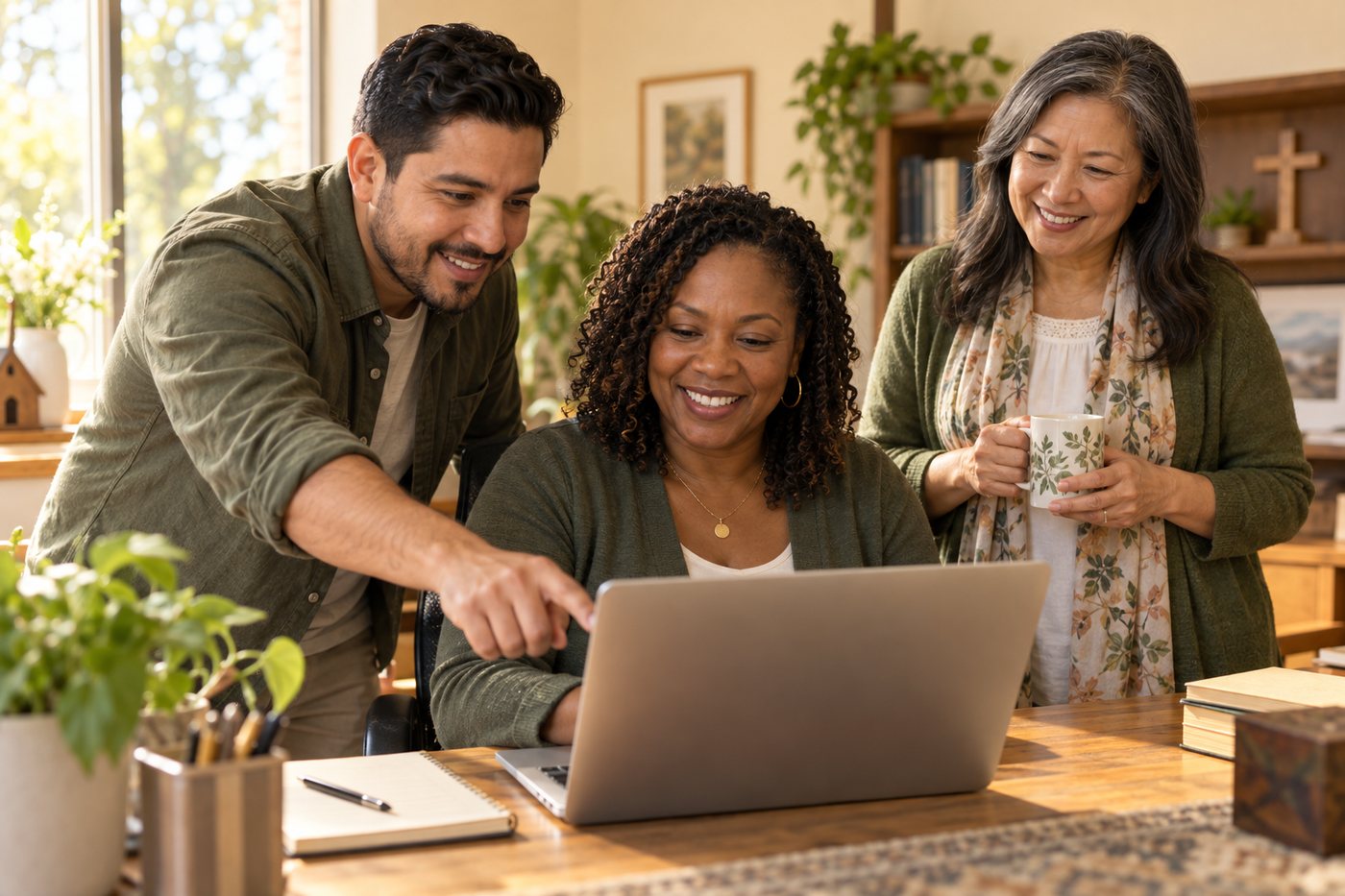 A consultant helping two church staff members with a new website on a laptop