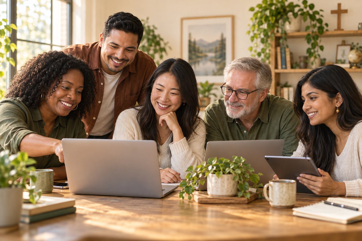 A smiling, diverse team of five working together on laptops in a warm, sunlit office